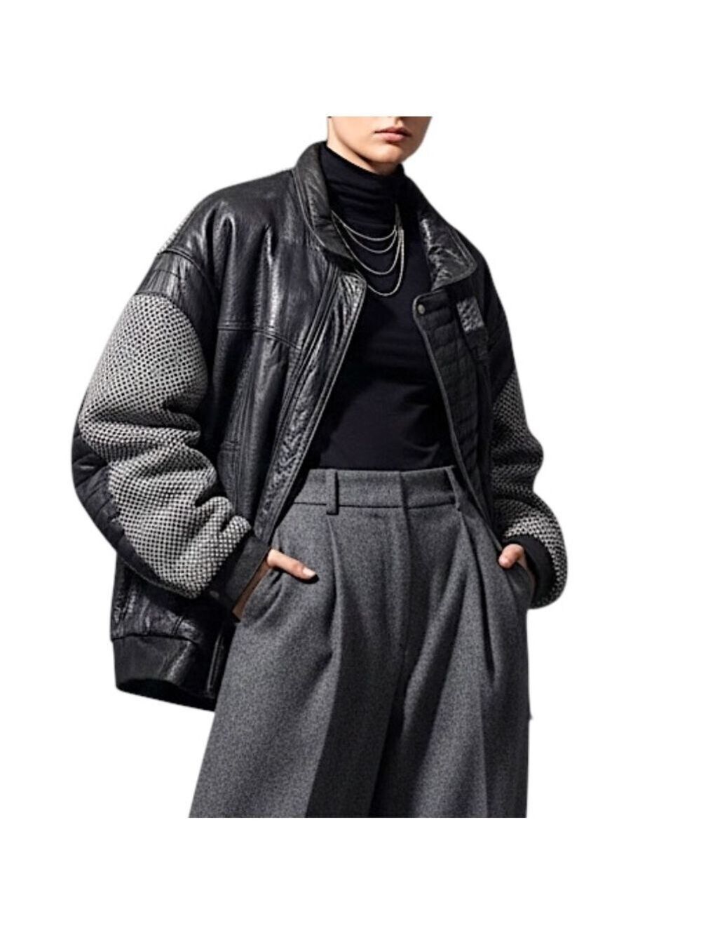 Vtg 80s 90s Perino Ponti Italy black leather black white tweed oversized bomber